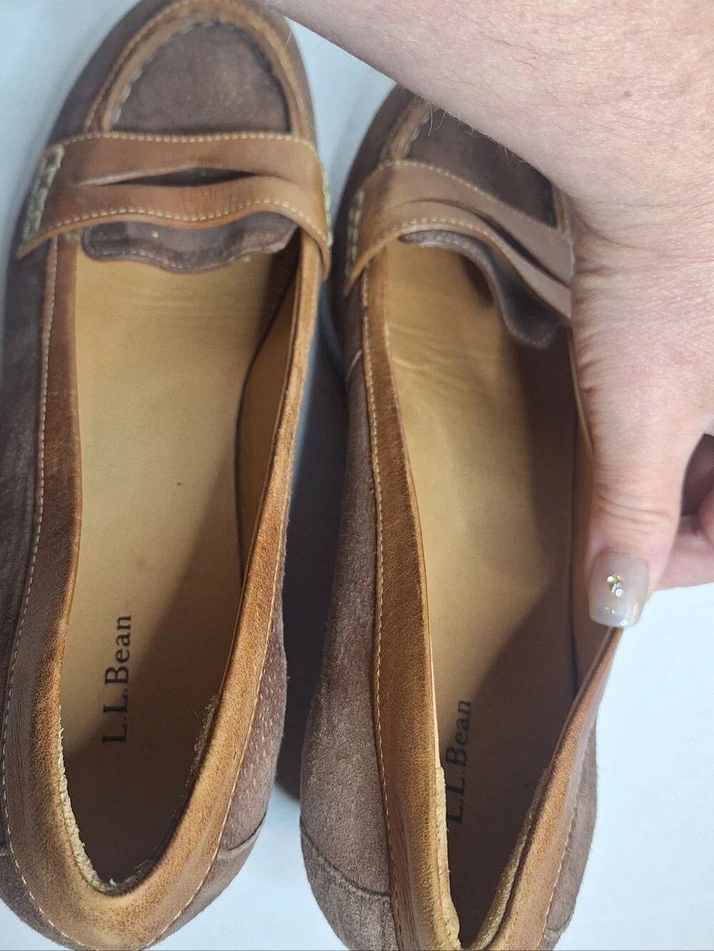 L.L. Bean Shoes Taupe Brown Suede Leather Wedge Penny Loafers Slip On Sz US 11 M